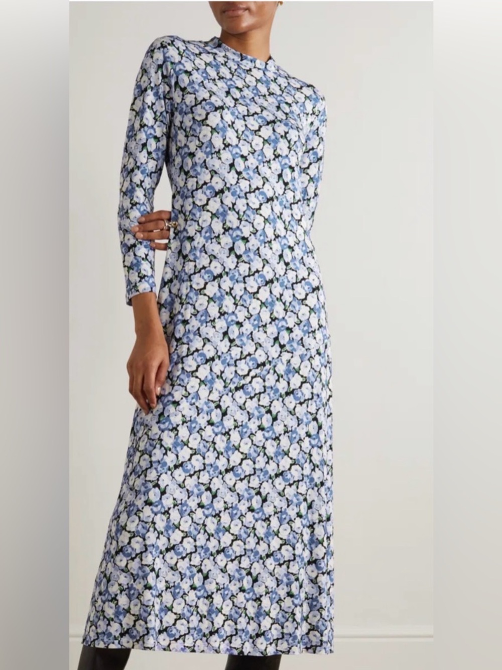 Rixo Elise Floral-Print Stretch-Jersey Midi Dress High Neckline Size Small